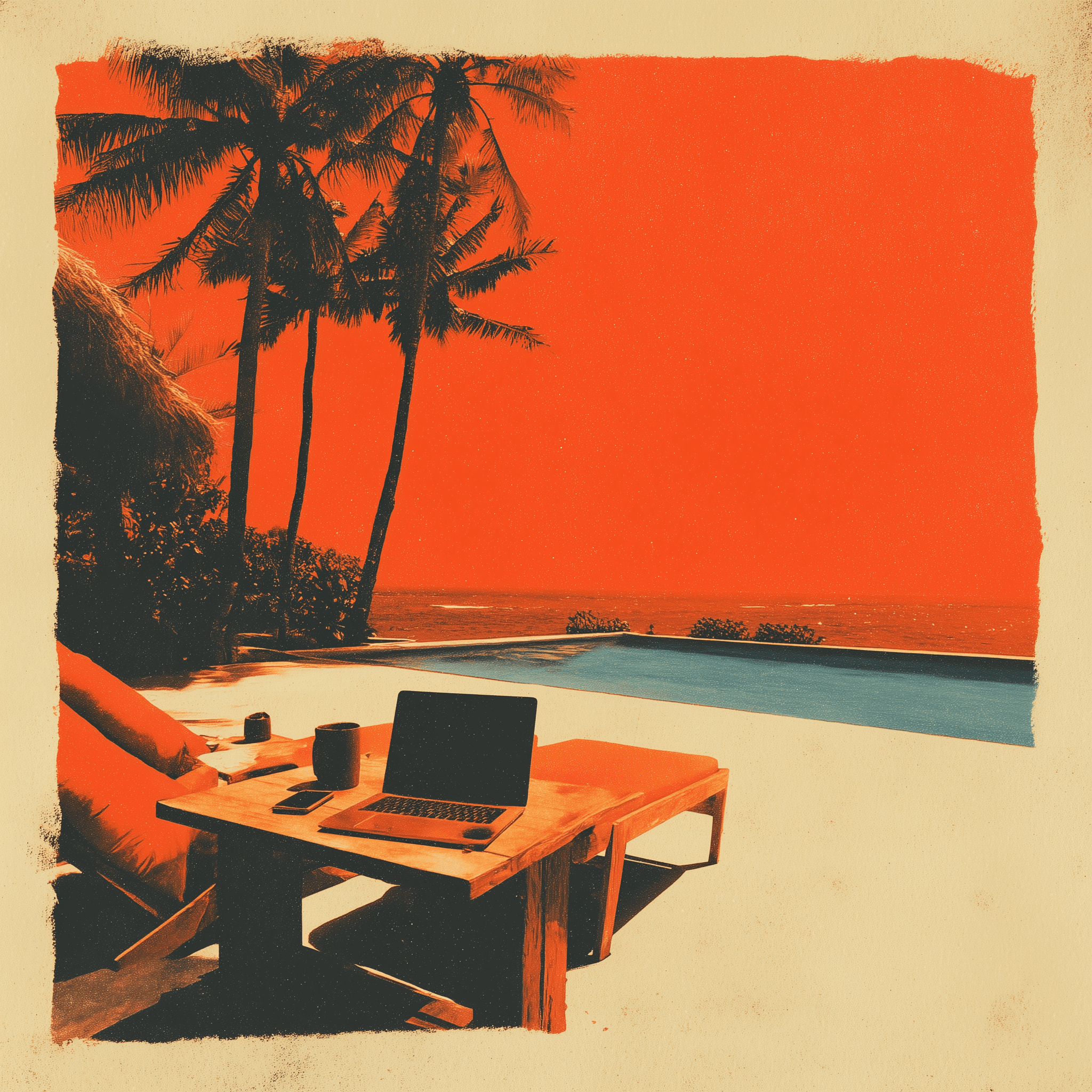 Laptop on a terrace looking over an infinity pool to the sea and palm trees — risograph style